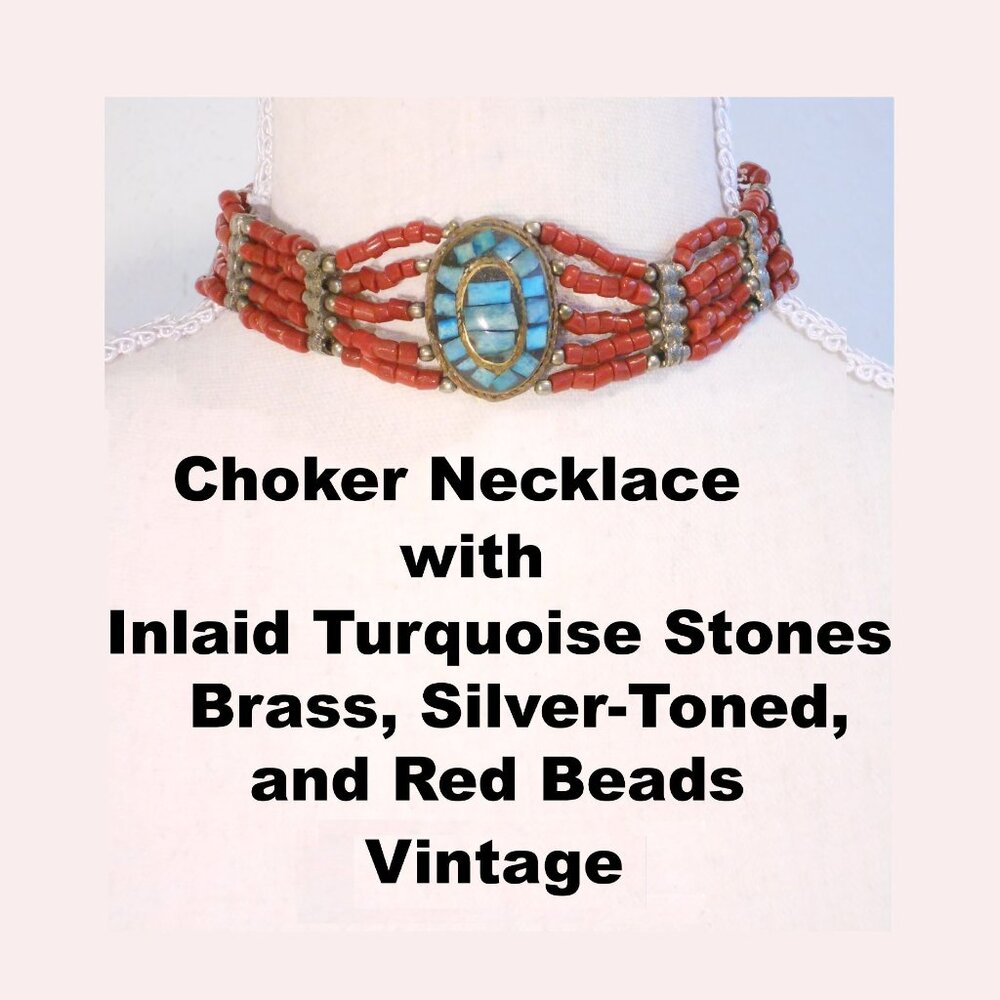 Choker Necklace with Inlaid Turquoise Stones, and Brass, Silver-toned, Red Beads